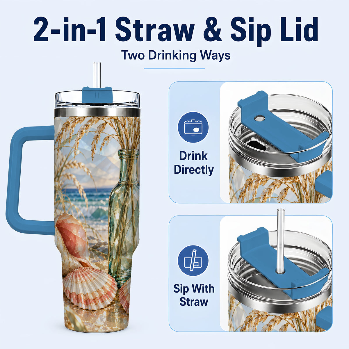 #pl[40oz|Blue] Faceted Seashell 40oz Tumbler with Handle, Ocean Travel Cup, Faceted Art