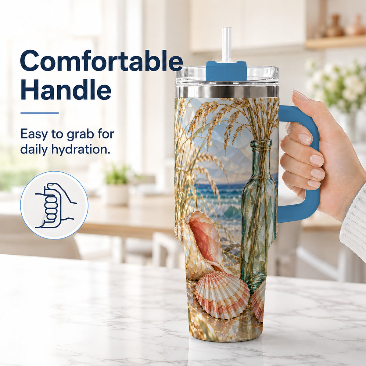 #pl[40oz|Blue] Faceted Seashell 40oz Tumbler with Handle, Ocean Travel Cup, Faceted Art