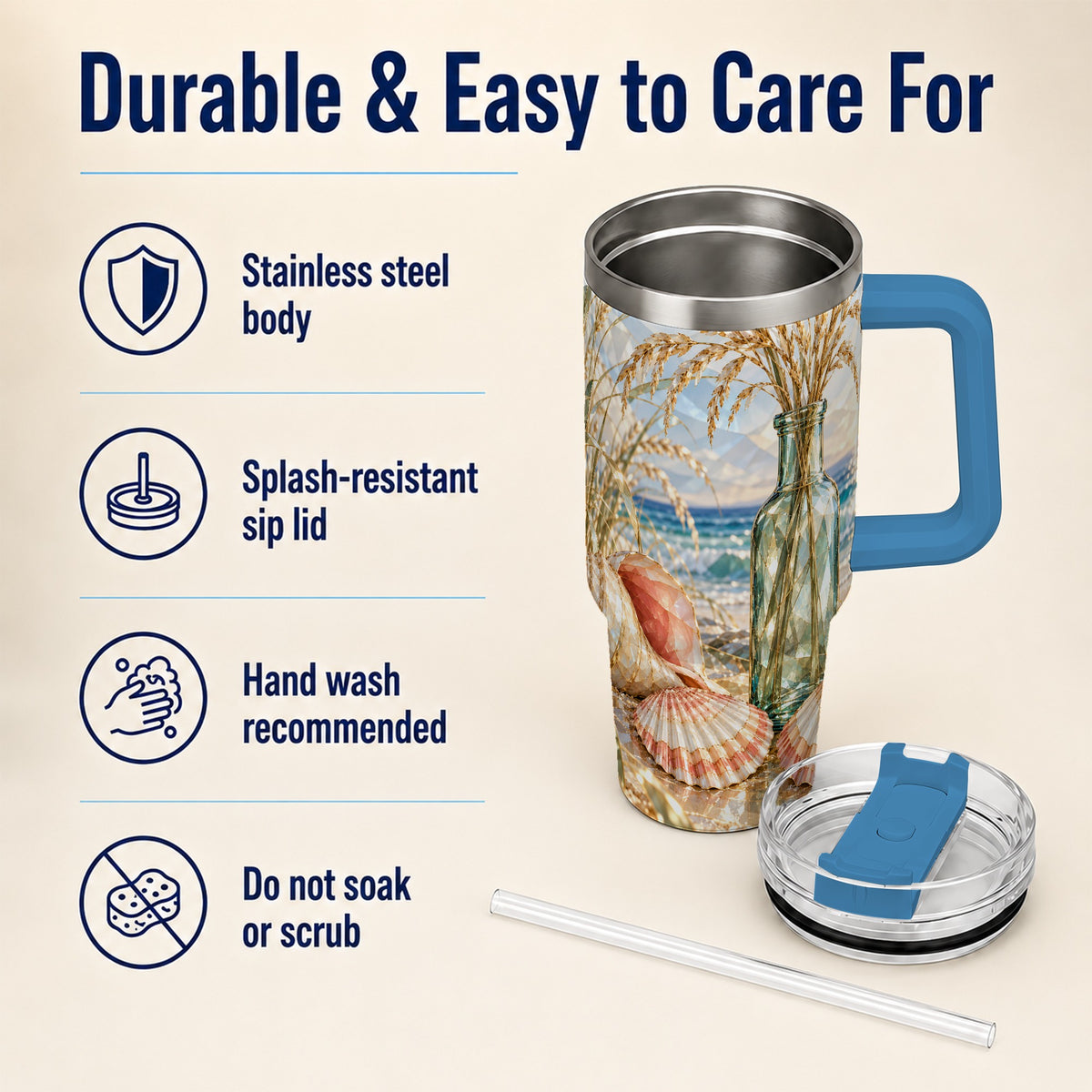 #pl[40oz|Blue] Faceted Seashell 40oz Tumbler with Handle, Ocean Travel Cup, Faceted Art