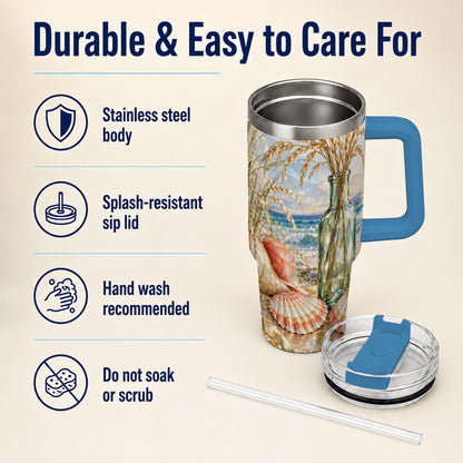 #pl[40oz|Blue] Faceted Seashell 40oz Tumbler with Handle, Ocean Travel Cup, Faceted Art