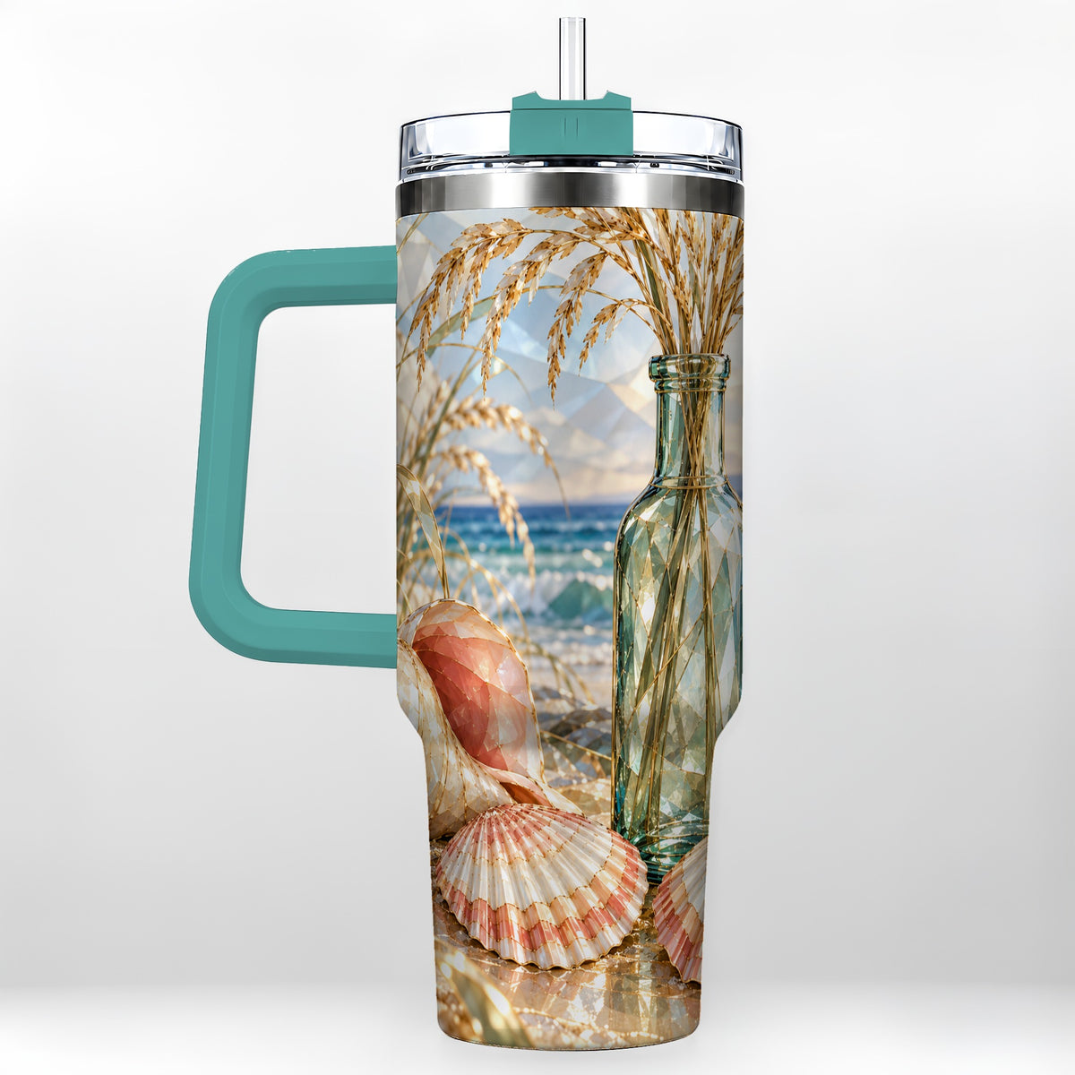 #pl[40oz|Green] Faceted Seashell 40oz Tumbler with Handle, Ocean Travel Cup, Faceted Art