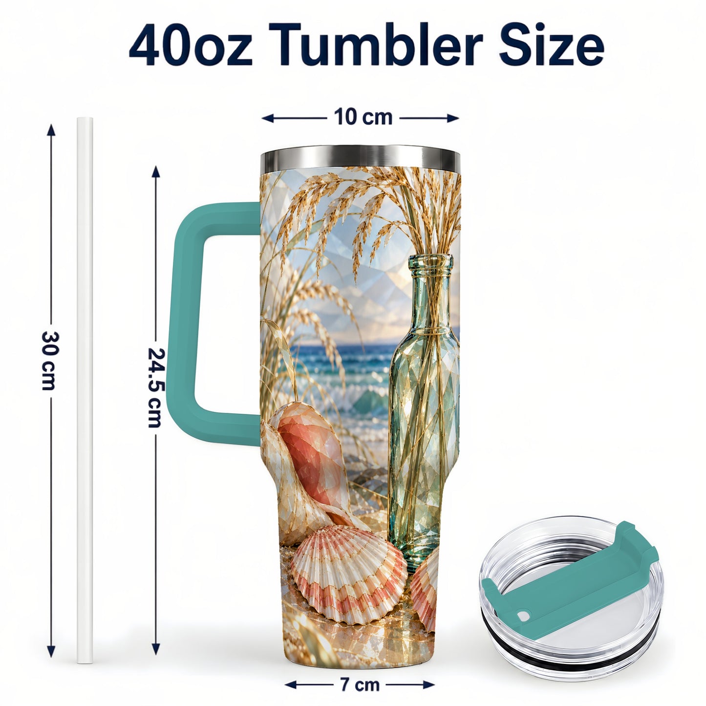 #pl[40oz|Green] Faceted Seashell 40oz Tumbler with Handle, Ocean Travel Cup, Faceted Art
