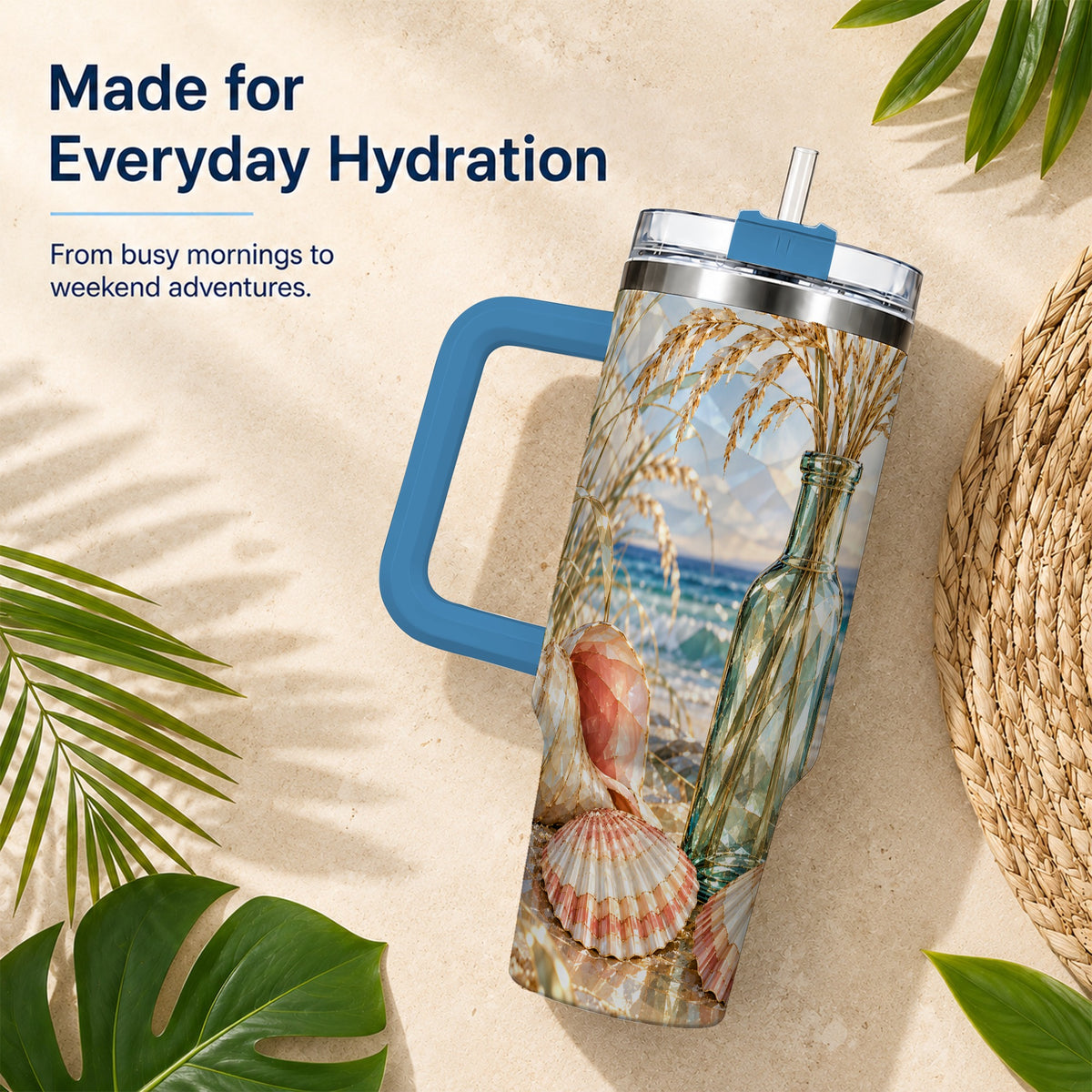 #pl[40oz|Blue] Faceted Seashell 40oz Tumbler with Handle, Ocean Travel Cup, Faceted Art