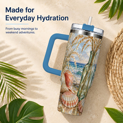 #pl[40oz|Blue] Faceted Seashell 40oz Tumbler with Handle, Ocean Travel Cup, Faceted Art