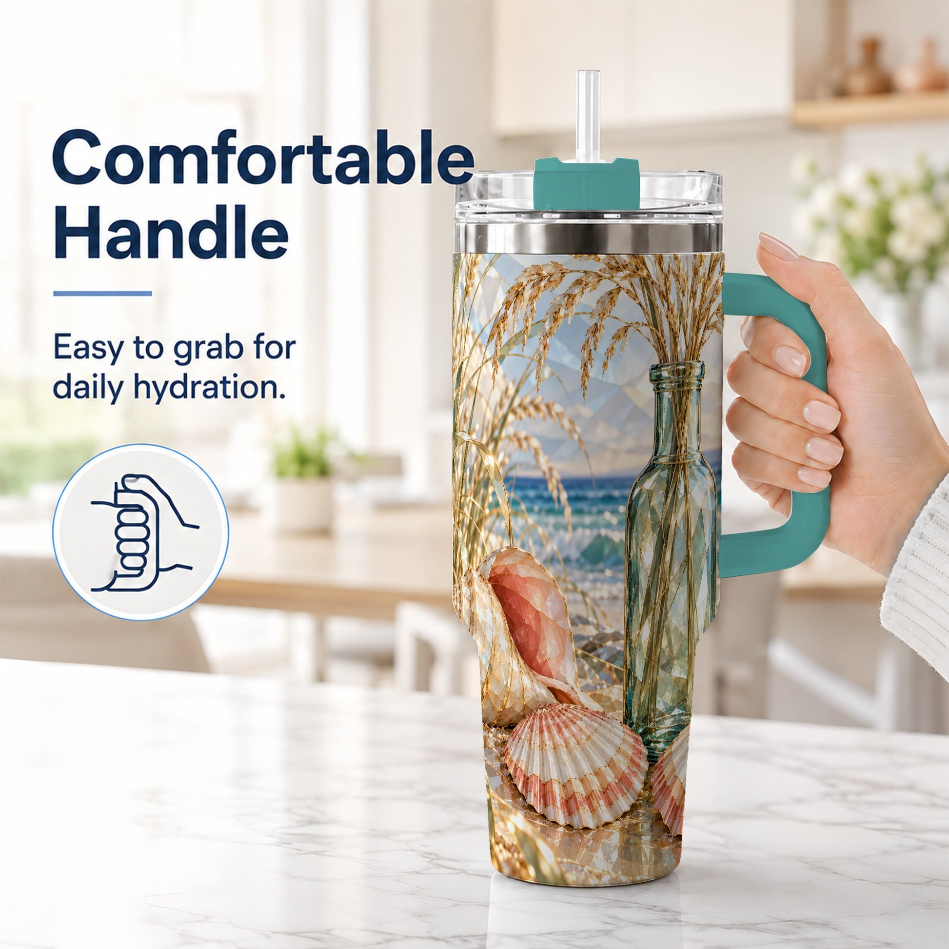 #pl[40oz|Green] Faceted Seashell 40oz Tumbler with Handle, Ocean Travel Cup, Faceted Art