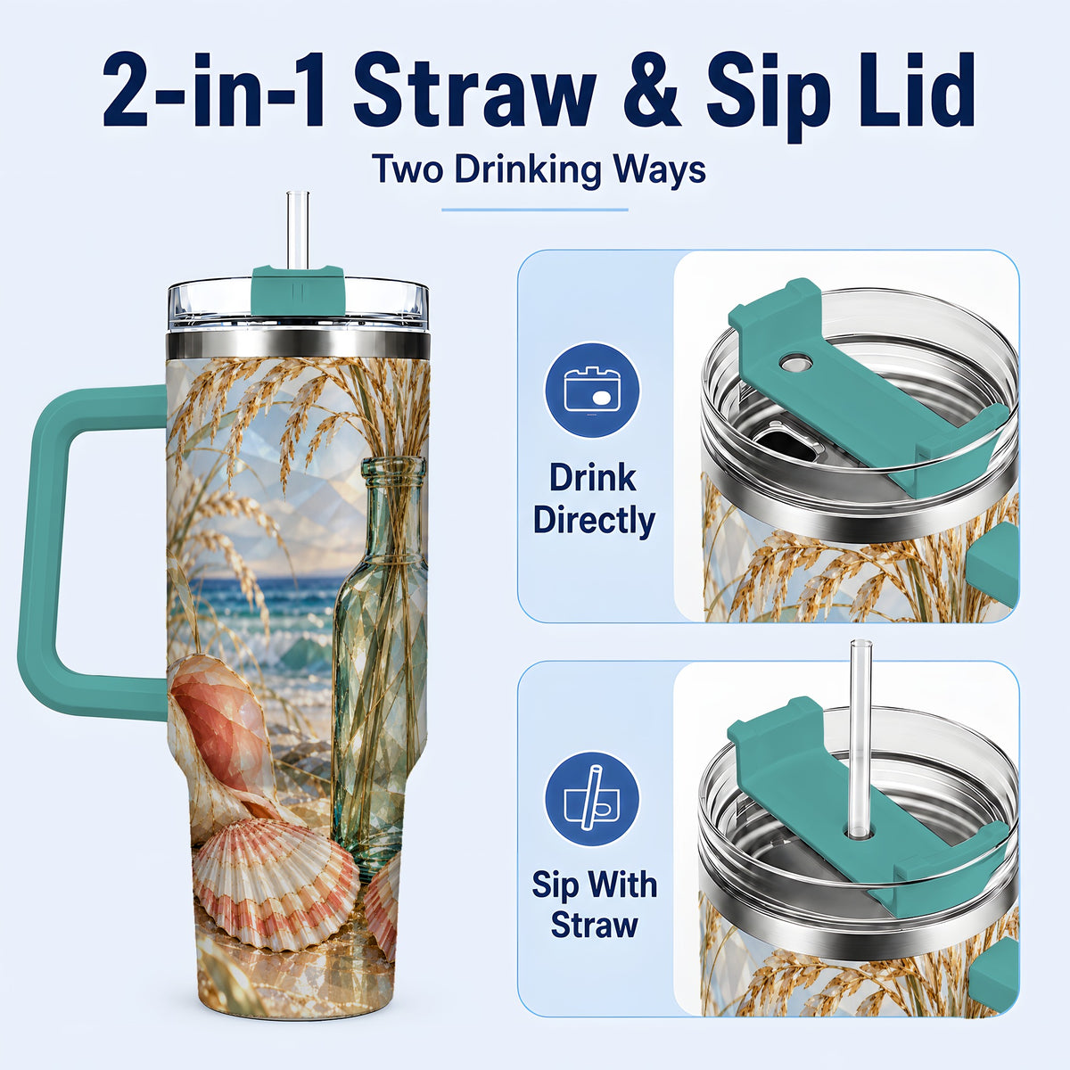 #pl[40oz|Green] Faceted Seashell 40oz Tumbler with Handle, Ocean Travel Cup, Faceted Art