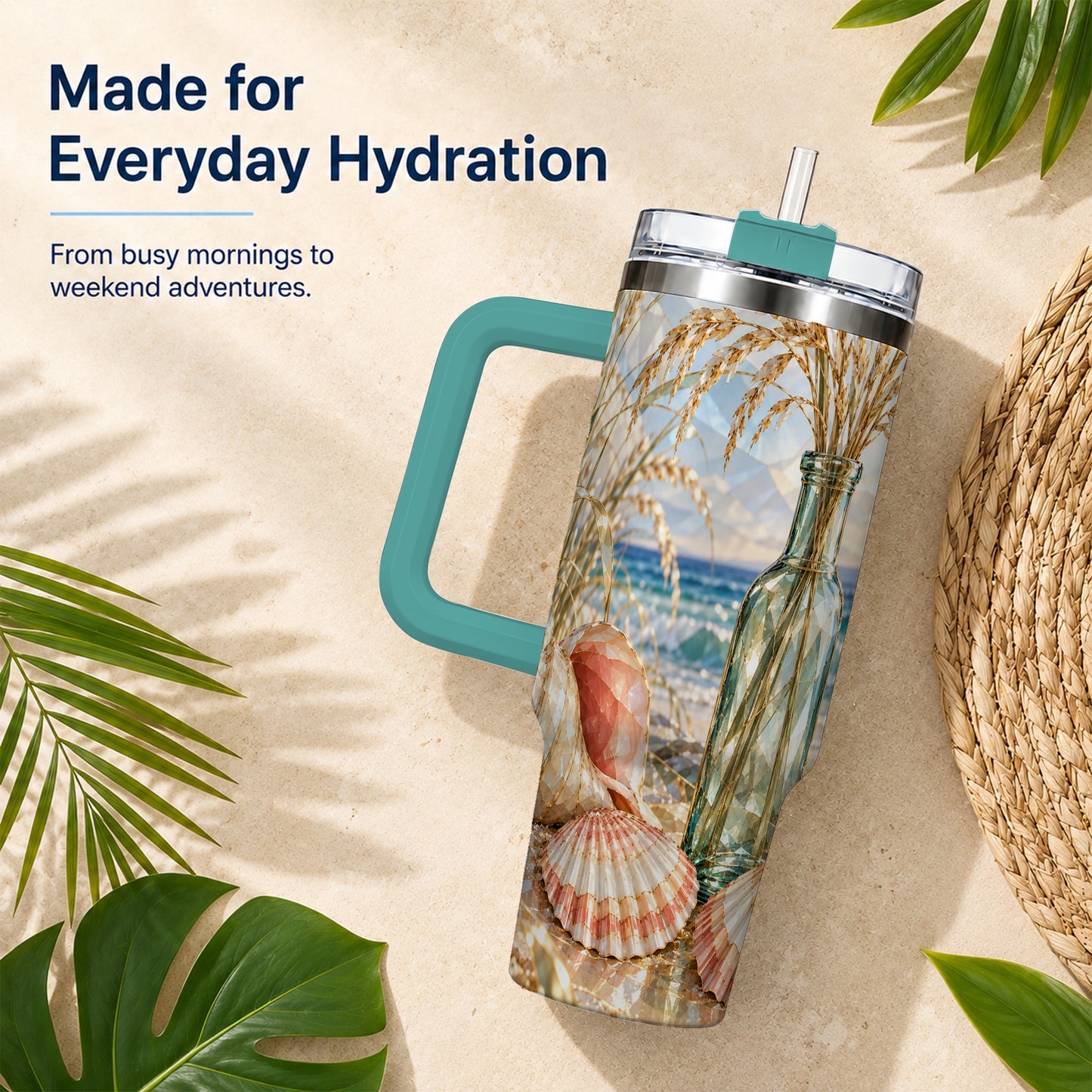 #pl[40oz|Green] Faceted Seashell 40oz Tumbler with Handle, Ocean Travel Cup, Faceted Art