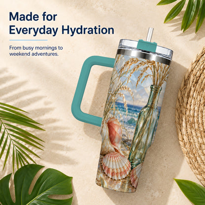 #pl[40oz|Green] Faceted Seashell 40oz Tumbler with Handle, Ocean Travel Cup, Faceted Art
