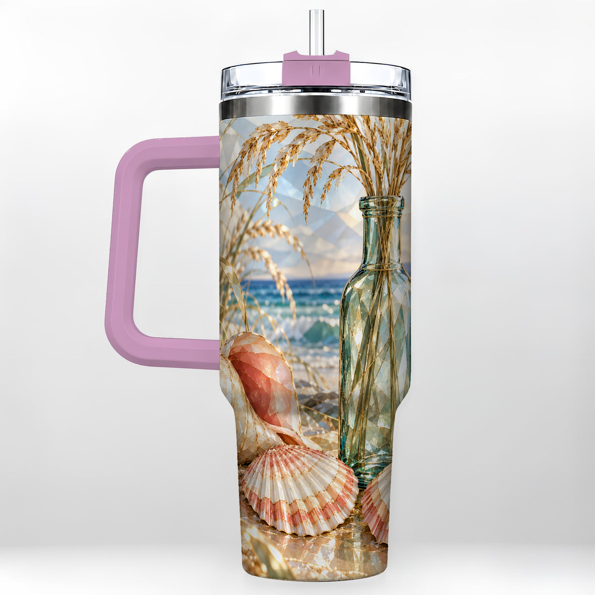 #pl[40oz|Pink] Faceted Seashell 40oz Tumbler with Handle, Ocean Travel Cup, Faceted Art