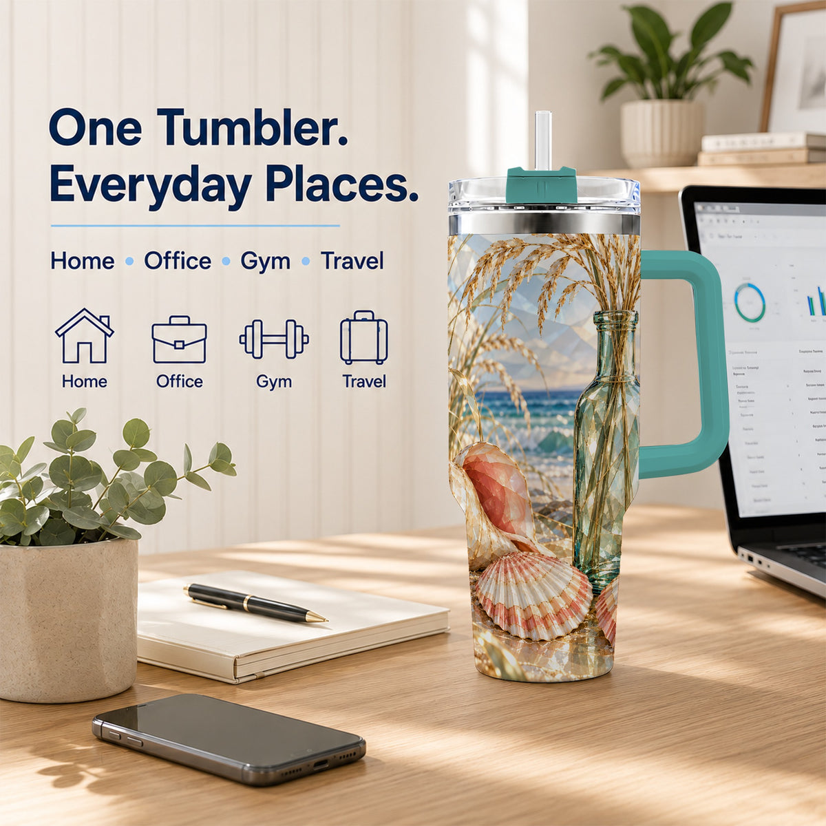 #pl[40oz|Green] Faceted Seashell 40oz Tumbler with Handle, Ocean Travel Cup, Faceted Art