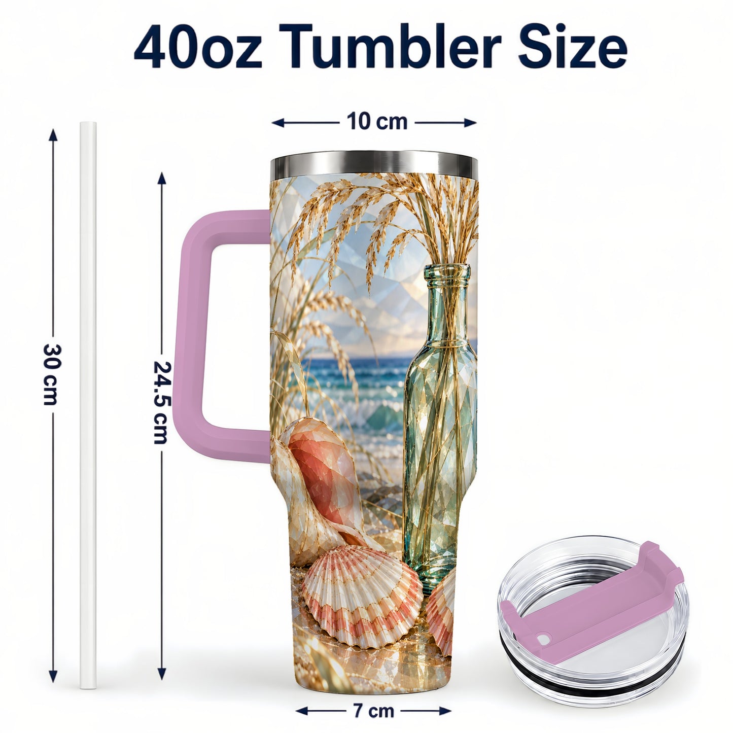 #pl[40oz|Pink] Faceted Seashell 40oz Tumbler with Handle, Ocean Travel Cup, Faceted Art