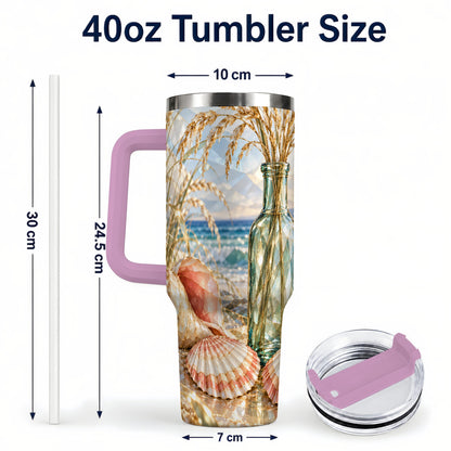 #pl[40oz|Pink] Faceted Seashell 40oz Tumbler with Handle, Ocean Travel Cup, Faceted Art