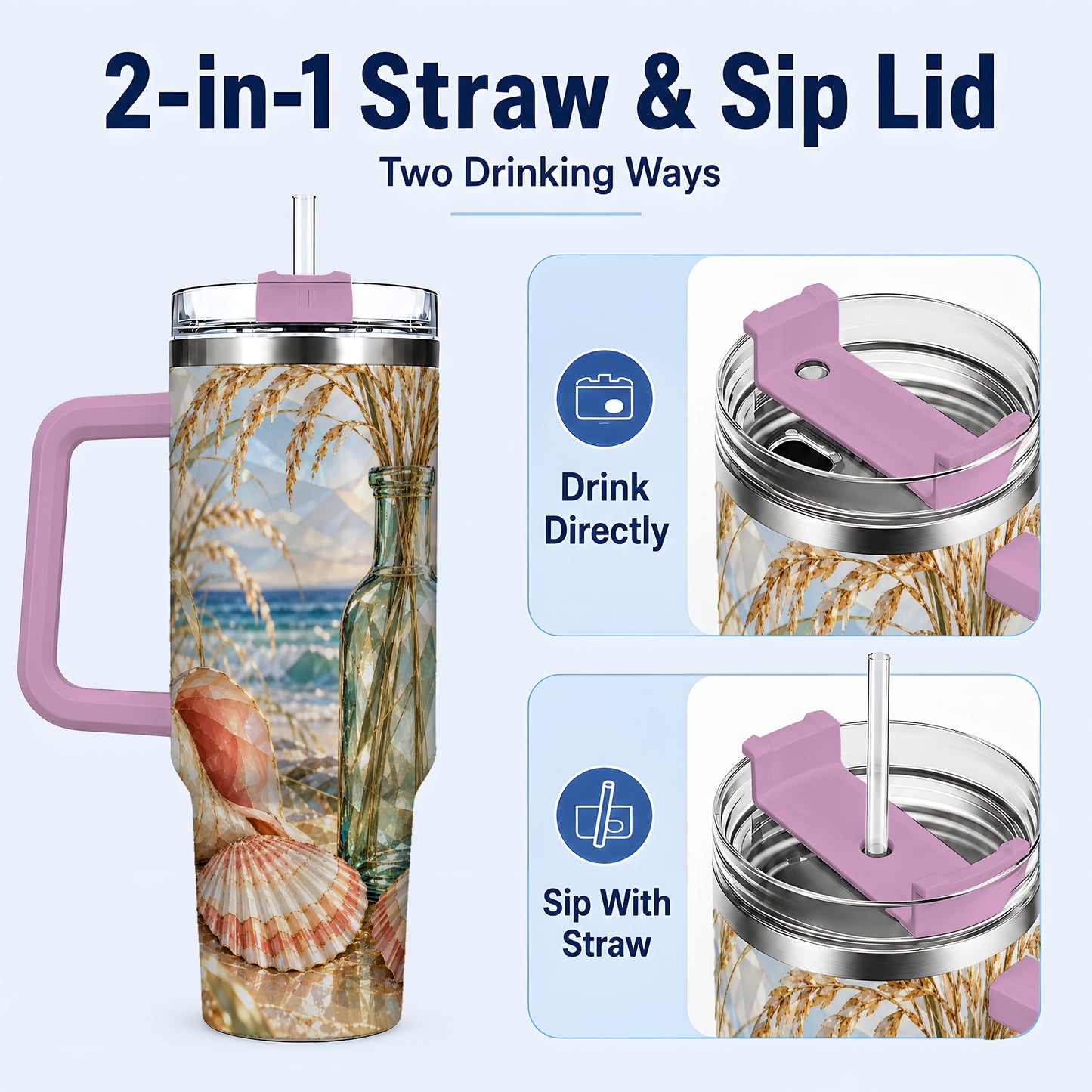 #pl[40oz|Pink] Faceted Seashell 40oz Tumbler with Handle, Ocean Travel Cup, Faceted Art