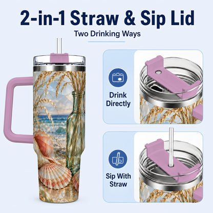 #pl[40oz|Pink] Faceted Seashell 40oz Tumbler with Handle, Ocean Travel Cup, Faceted Art