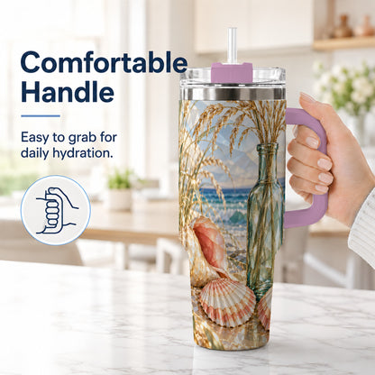 #pl[40oz|Pink] Faceted Seashell 40oz Tumbler with Handle, Ocean Travel Cup, Faceted Art