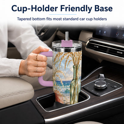 #pl[40oz|Pink] Faceted Seashell 40oz Tumbler with Handle, Ocean Travel Cup, Faceted Art