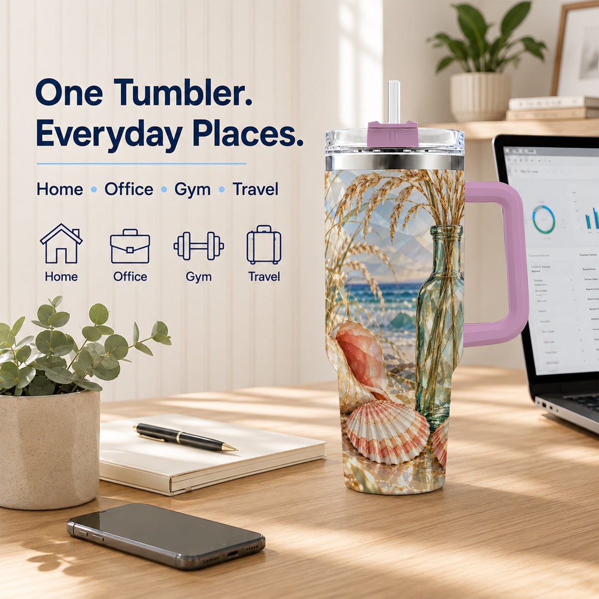 #pl[40oz|Pink] Faceted Seashell 40oz Tumbler with Handle, Ocean Travel Cup, Faceted Art