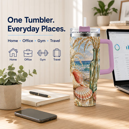 #pl[40oz|Pink] Faceted Seashell 40oz Tumbler with Handle, Ocean Travel Cup, Faceted Art