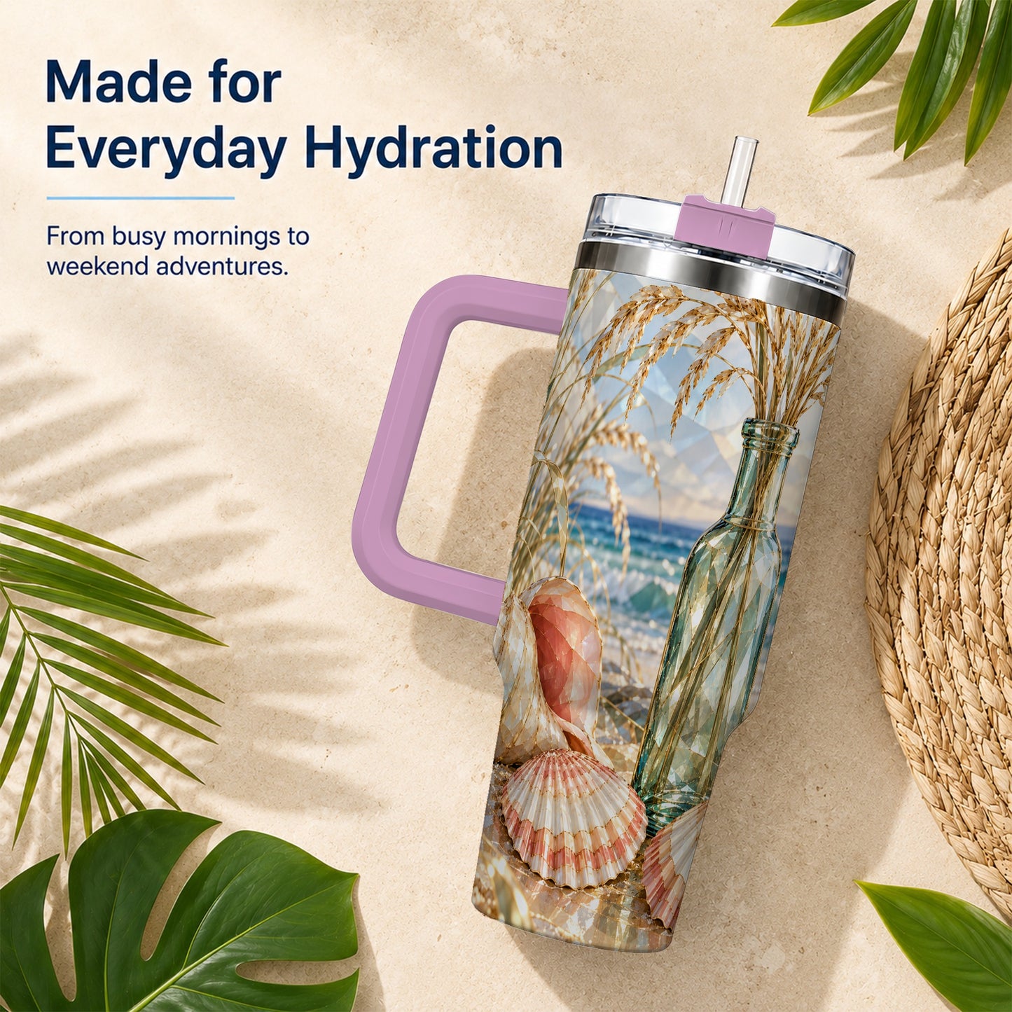 #pl[40oz|Pink] Faceted Seashell 40oz Tumbler with Handle, Ocean Travel Cup, Faceted Art