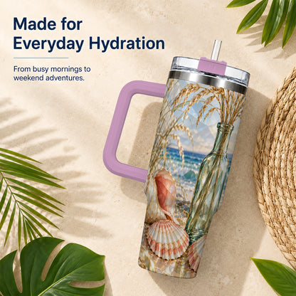 #pl[40oz|Pink] Faceted Seashell 40oz Tumbler with Handle, Ocean Travel Cup, Faceted Art