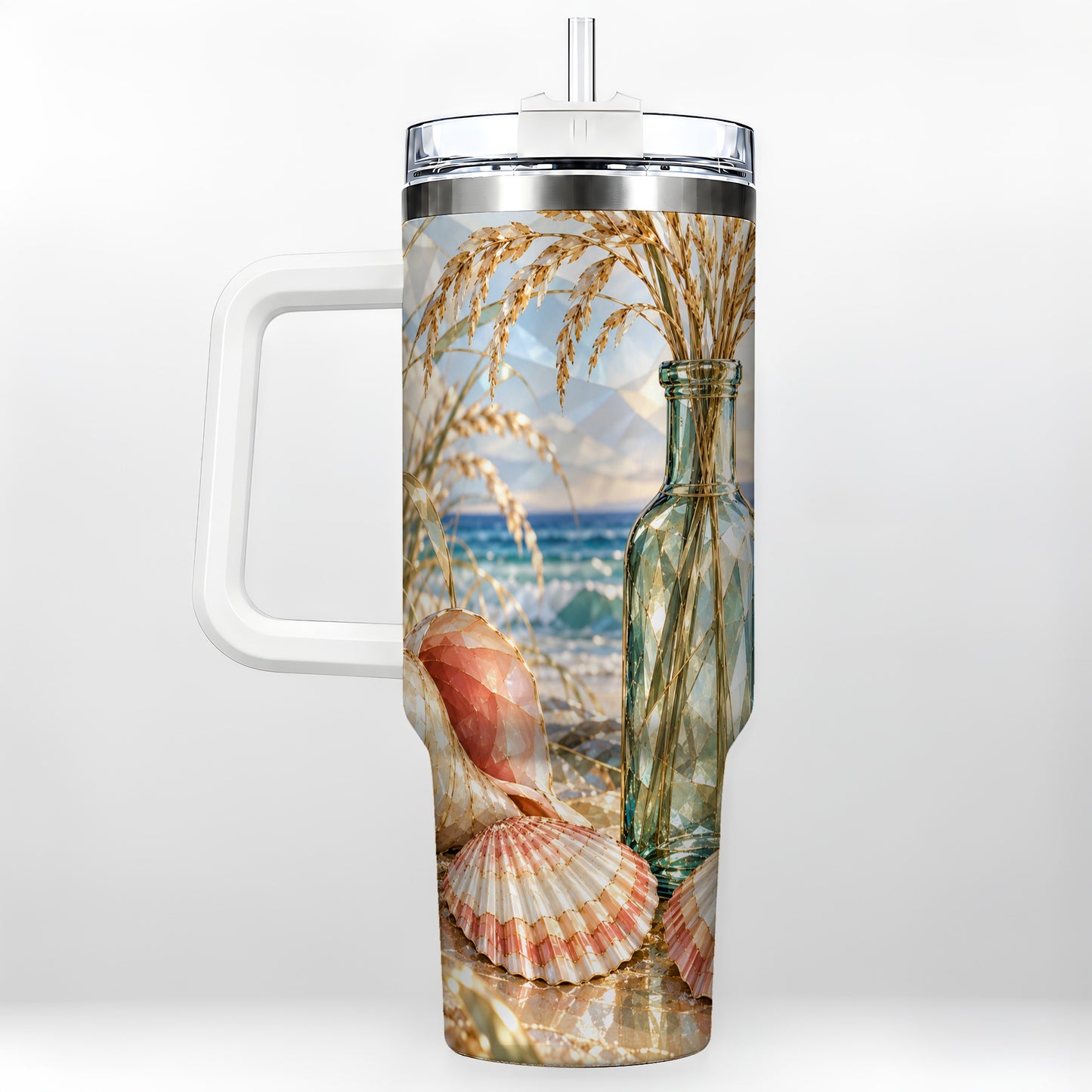 Faceted Seashell 40oz Tumbler with Handle, Ocean Travel Cup, Faceted Art