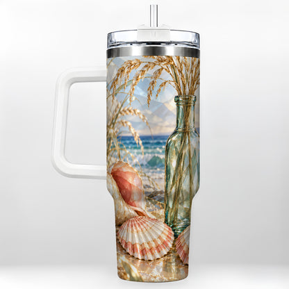 Faceted Seashell 40oz Tumbler with Handle, Ocean Travel Cup, Faceted Art