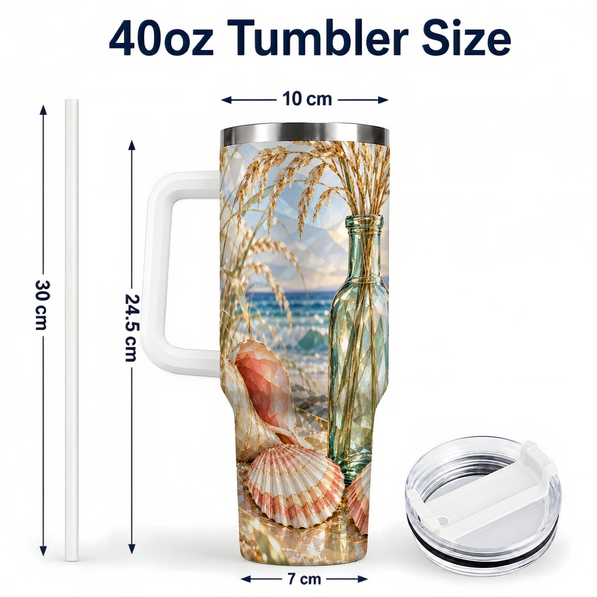 #pl[40oz|White] Faceted Seashell 40oz Tumbler with Handle, Ocean Travel Cup, Faceted Art