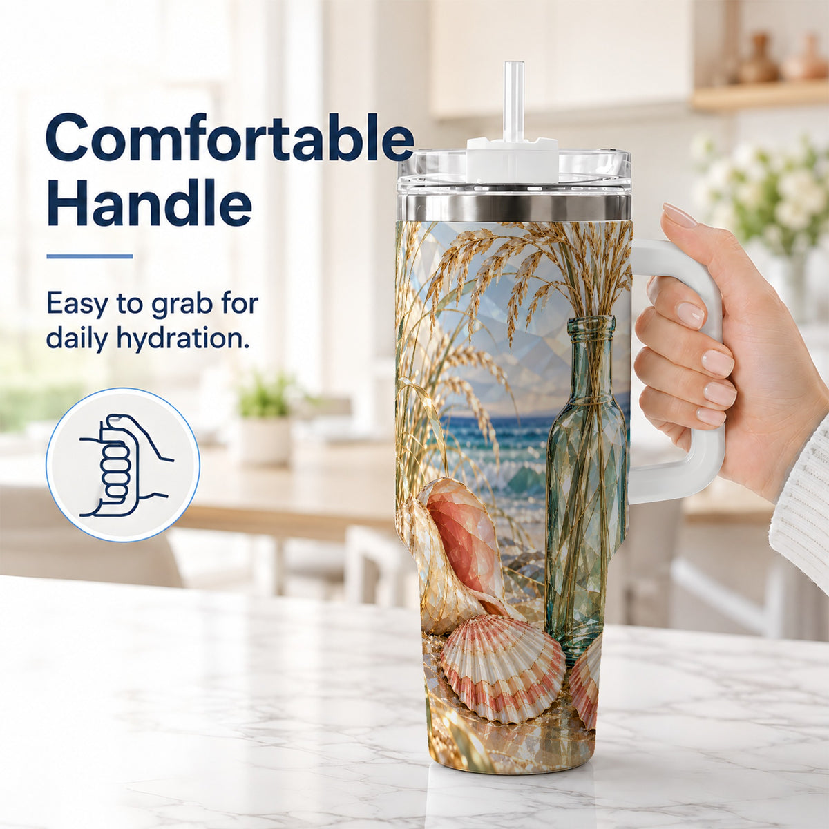 #pl[40oz|White] Faceted Seashell 40oz Tumbler with Handle, Ocean Travel Cup, Faceted Art
