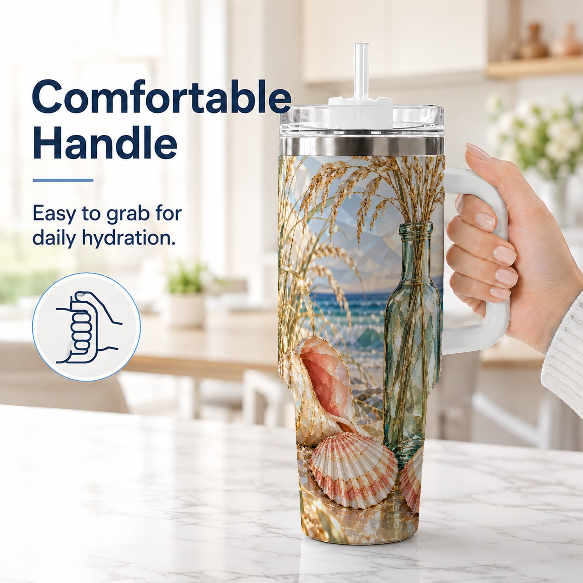 #pl[40oz|White] Faceted Seashell 40oz Tumbler with Handle, Ocean Travel Cup, Faceted Art