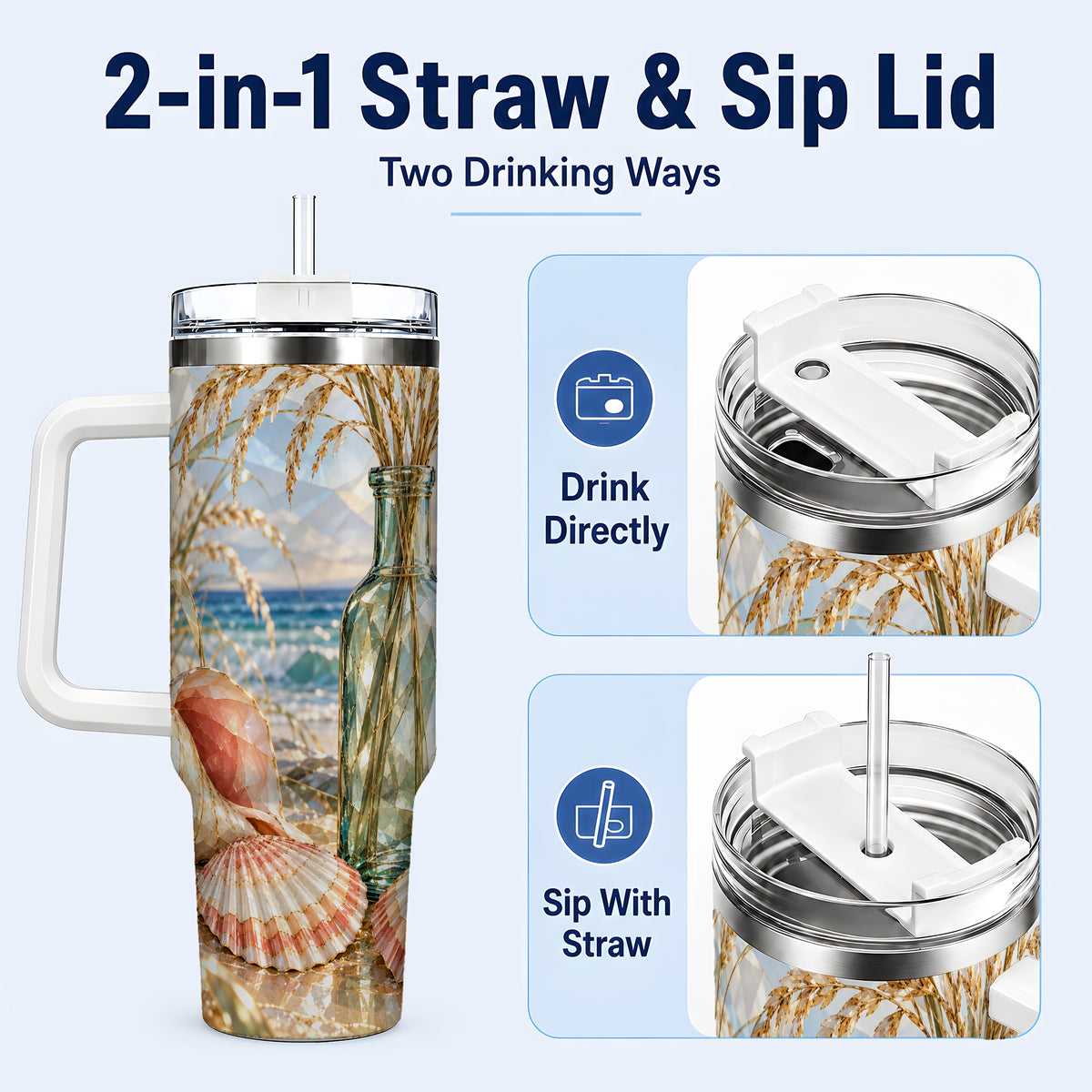 #pl[40oz|White] Faceted Seashell 40oz Tumbler with Handle, Ocean Travel Cup, Faceted Art