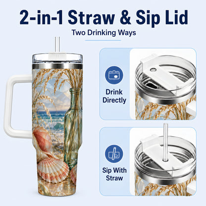#pl[40oz|White] Faceted Seashell 40oz Tumbler with Handle, Ocean Travel Cup, Faceted Art