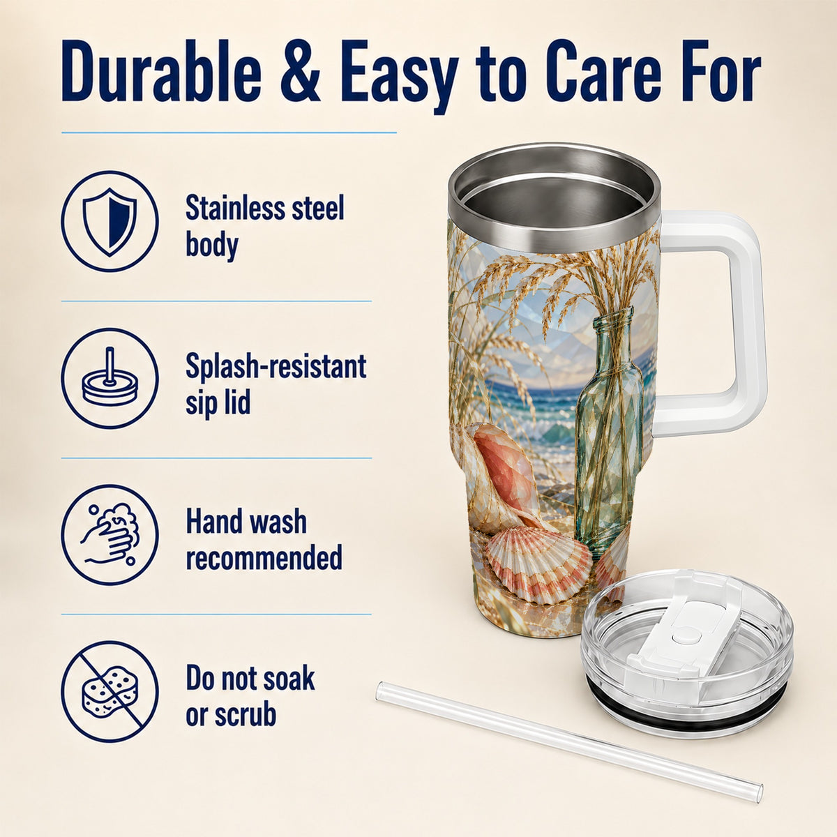#pl[40oz|White] Faceted Seashell 40oz Tumbler with Handle, Ocean Travel Cup, Faceted Art