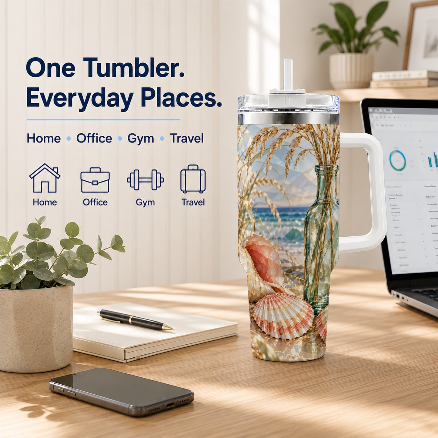#pl[40oz|White] Faceted Seashell 40oz Tumbler with Handle, Ocean Travel Cup, Faceted Art