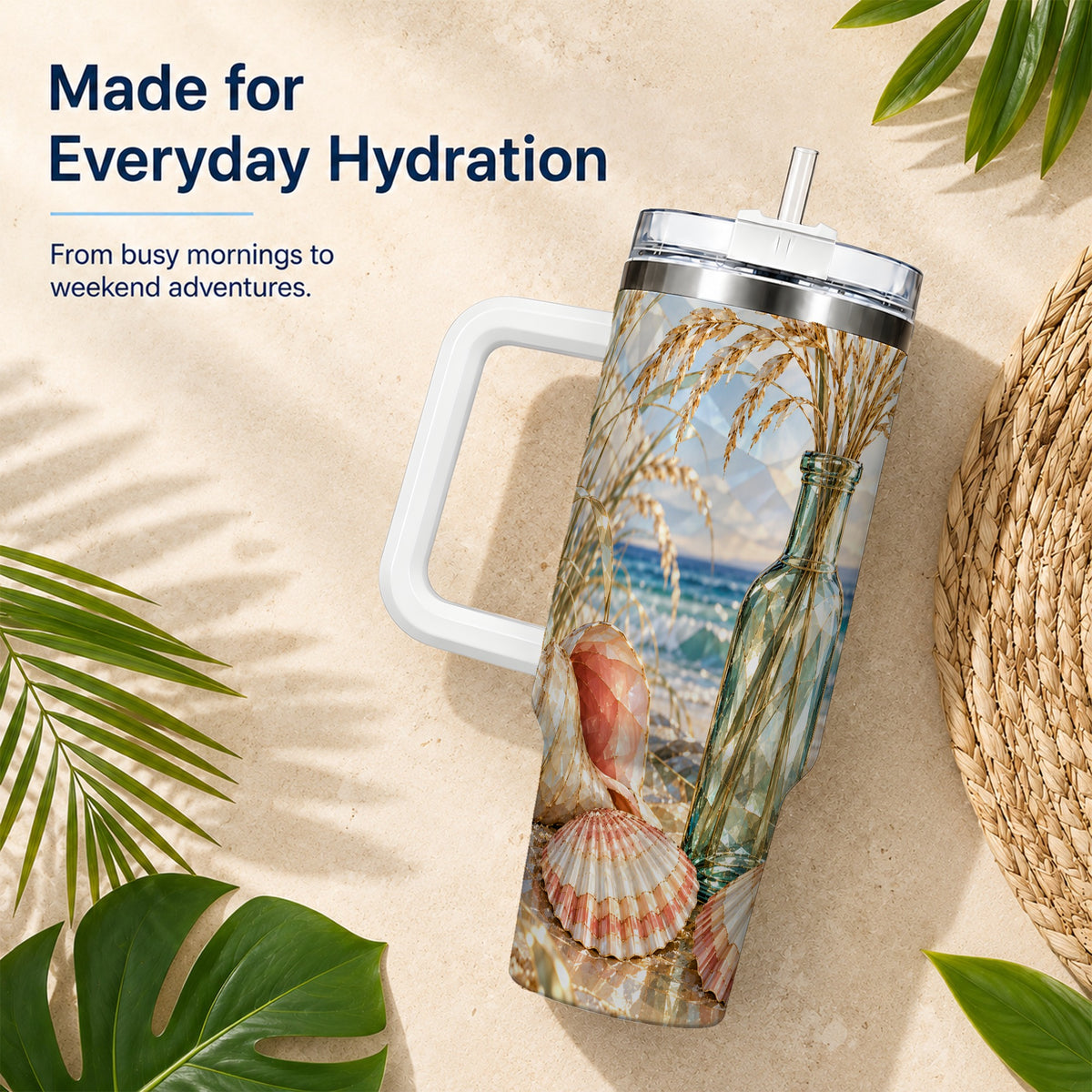 #pl[40oz|White] Faceted Seashell 40oz Tumbler with Handle, Ocean Travel Cup, Faceted Art
