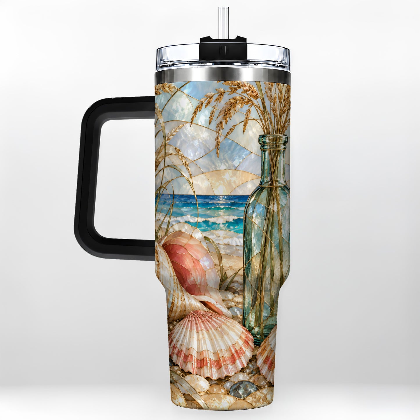 #pl[40oz|Black] Coastal Seashell 40oz Tumbler with Handle, Stainless Steel Travel Cup