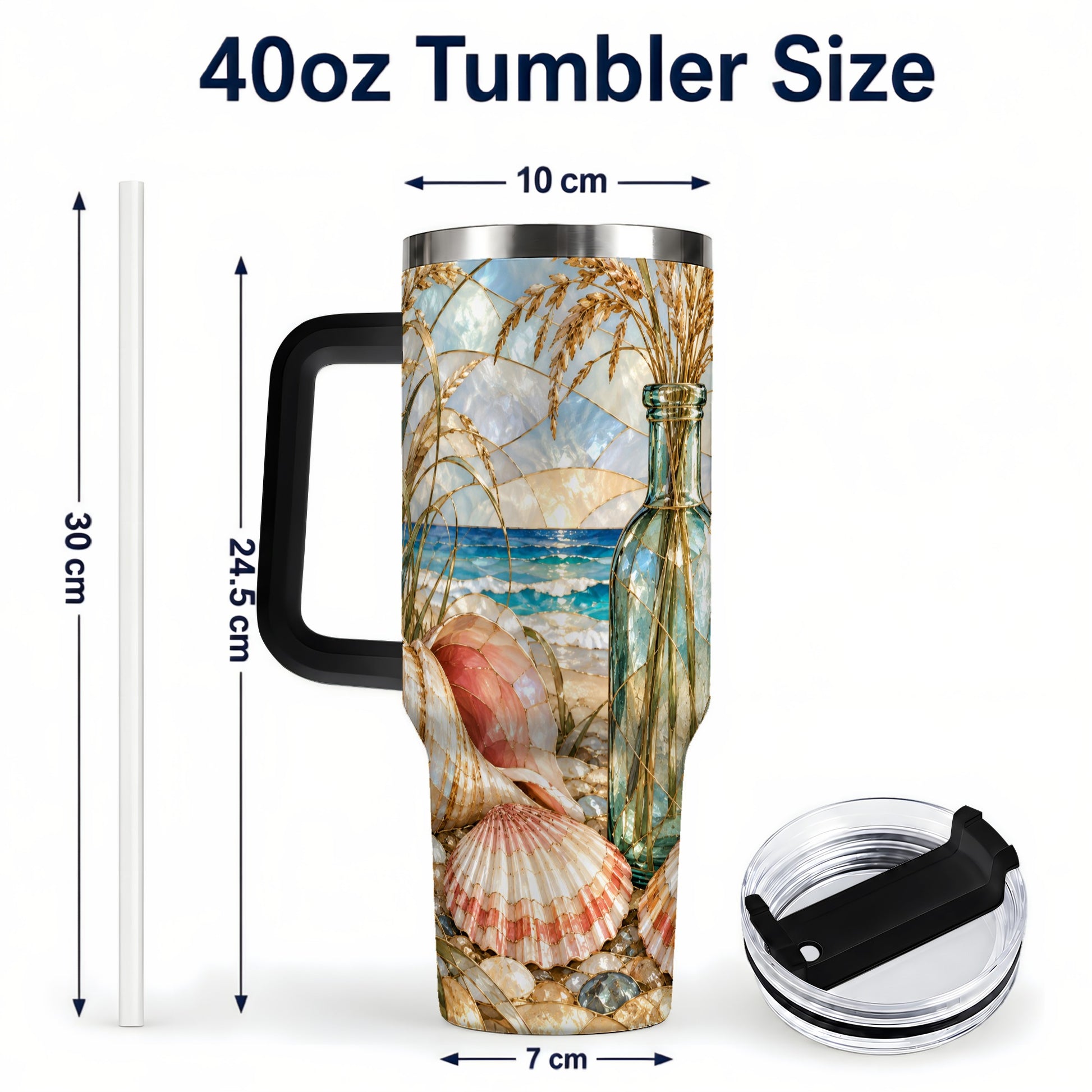 #pl[40oz|Black] Coastal Seashell 40oz Tumbler with Handle, Stainless Steel Travel Cup