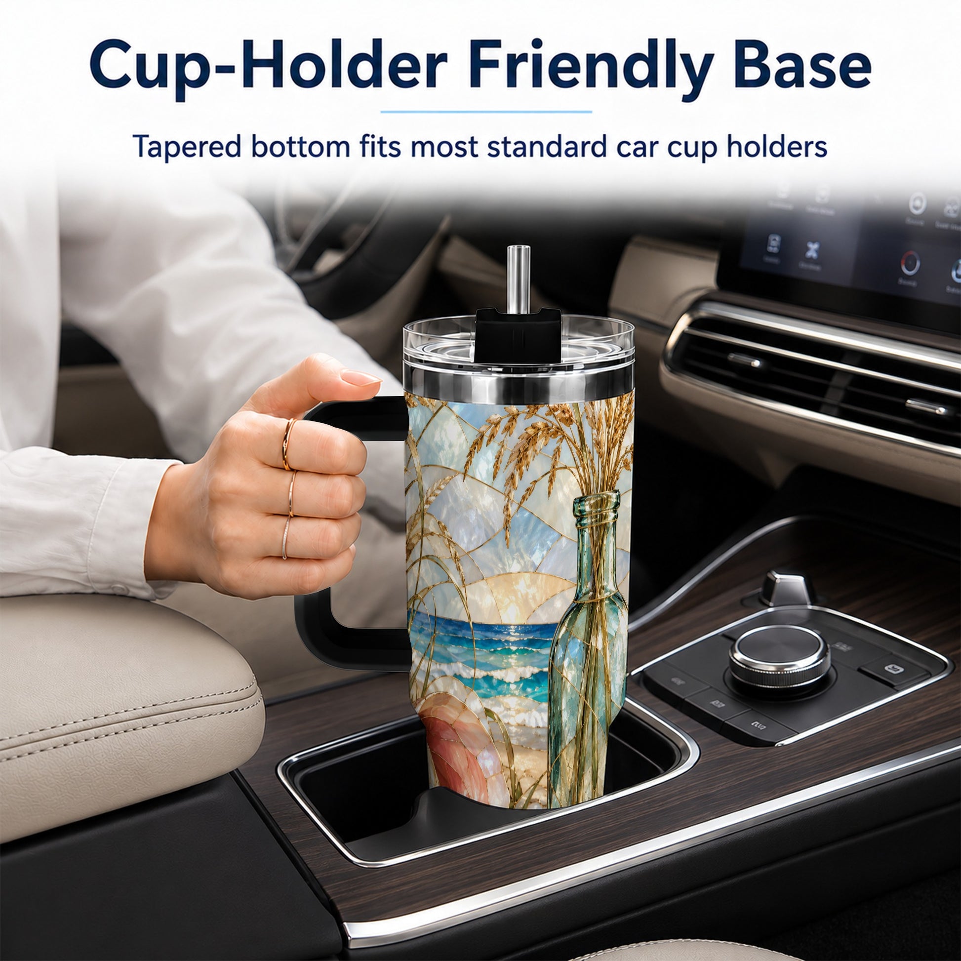 #pl[40oz|Black] Coastal Seashell 40oz Tumbler with Handle, Stainless Steel Travel Cup