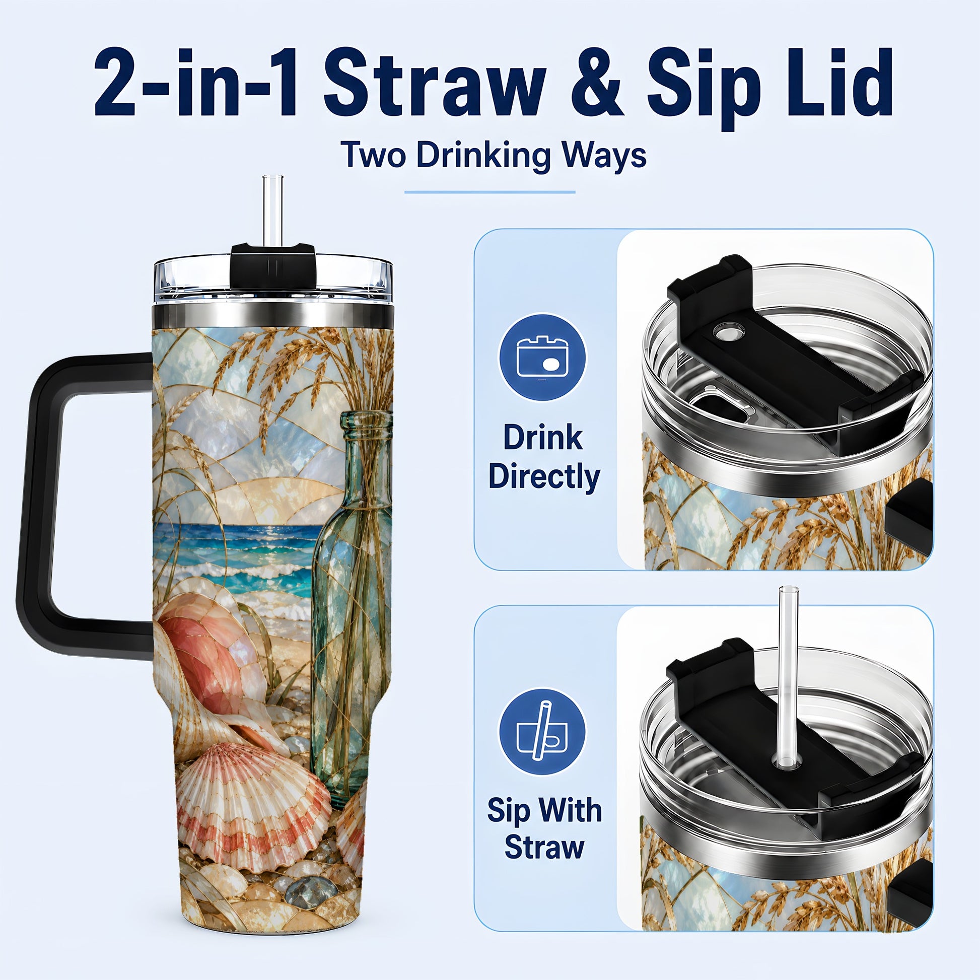 #pl[40oz|Black] Coastal Seashell 40oz Tumbler with Handle, Stainless Steel Travel Cup