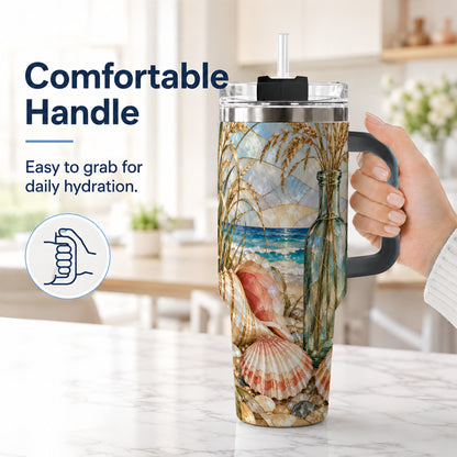#pl[40oz|Black] Coastal Seashell 40oz Tumbler with Handle, Stainless Steel Travel Cup