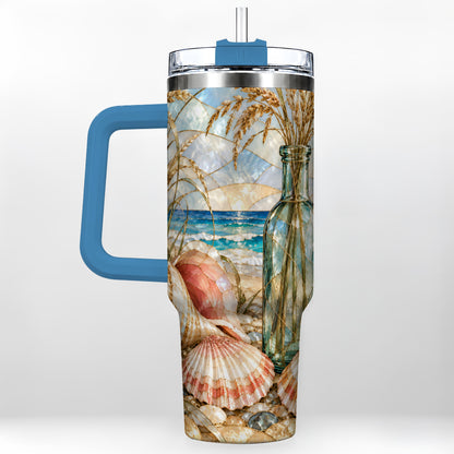 #pl[40oz|Blue] Coastal Seashell 40oz Tumbler with Handle, Stainless Steel Travel Cup