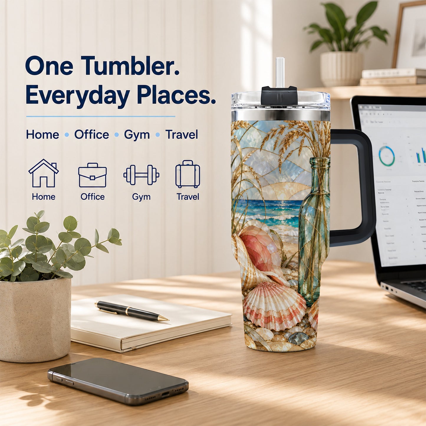 #pl[40oz|Black] Coastal Seashell 40oz Tumbler with Handle, Stainless Steel Travel Cup