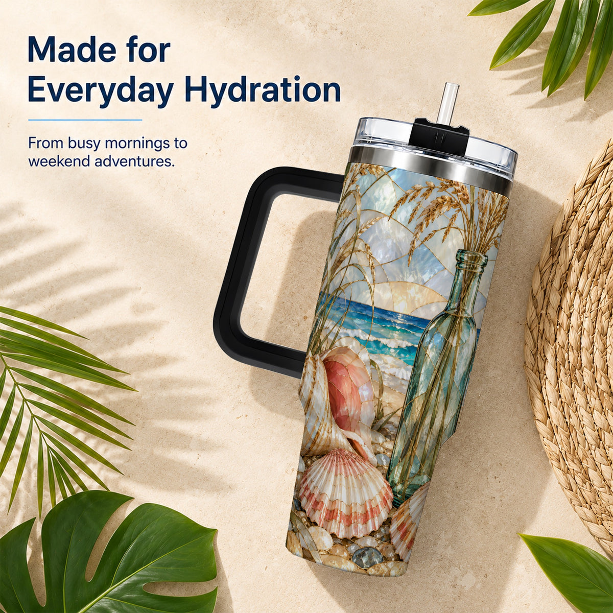 #pl[40oz|Black] Coastal Seashell 40oz Tumbler with Handle, Stainless Steel Travel Cup