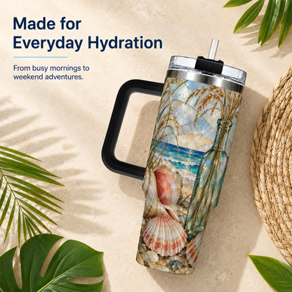 #pl[40oz|Black] Coastal Seashell 40oz Tumbler with Handle, Stainless Steel Travel Cup