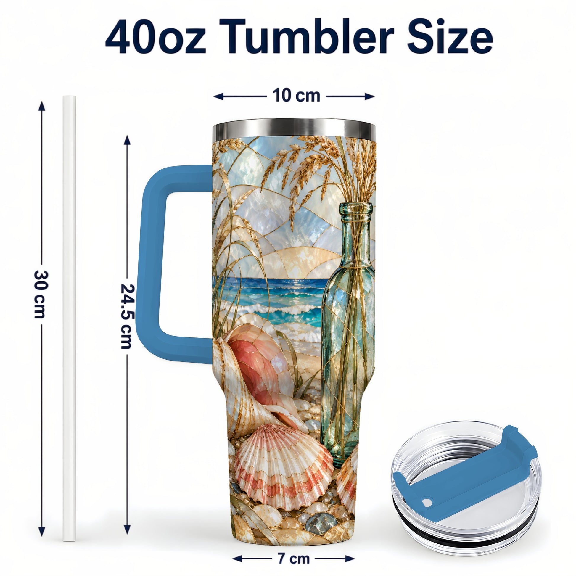#pl[40oz|Blue] Coastal Seashell 40oz Tumbler with Handle, Stainless Steel Travel Cup