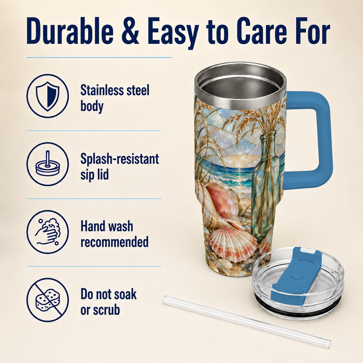#pl[40oz|Blue] Coastal Seashell 40oz Tumbler with Handle, Stainless Steel Travel Cup
