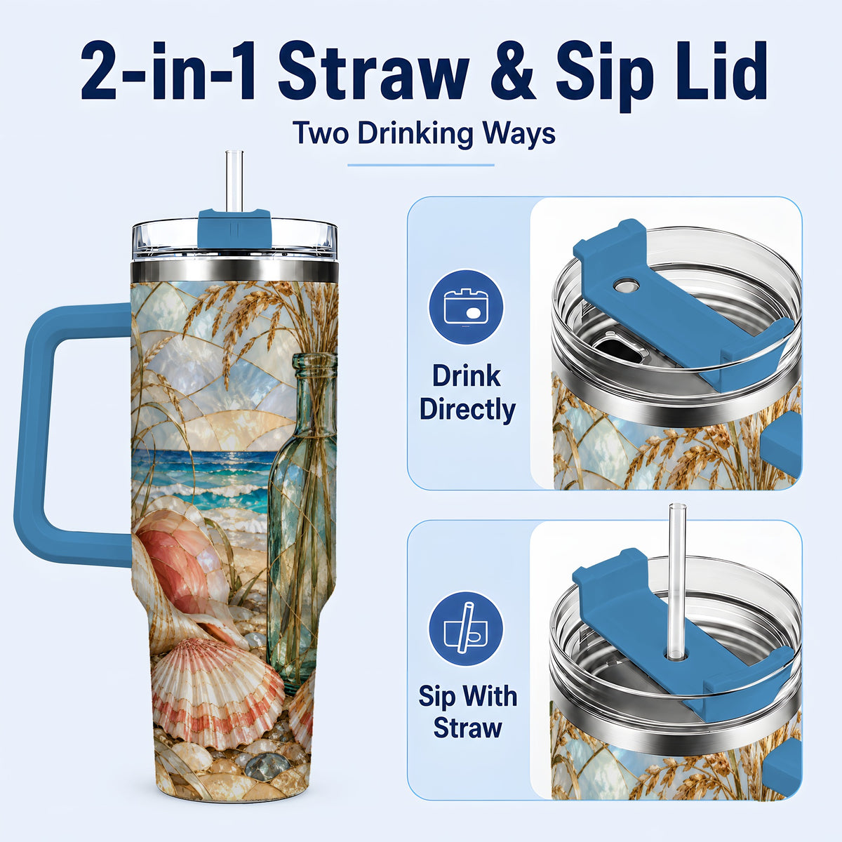 #pl[40oz|Blue] Coastal Seashell 40oz Tumbler with Handle, Stainless Steel Travel Cup