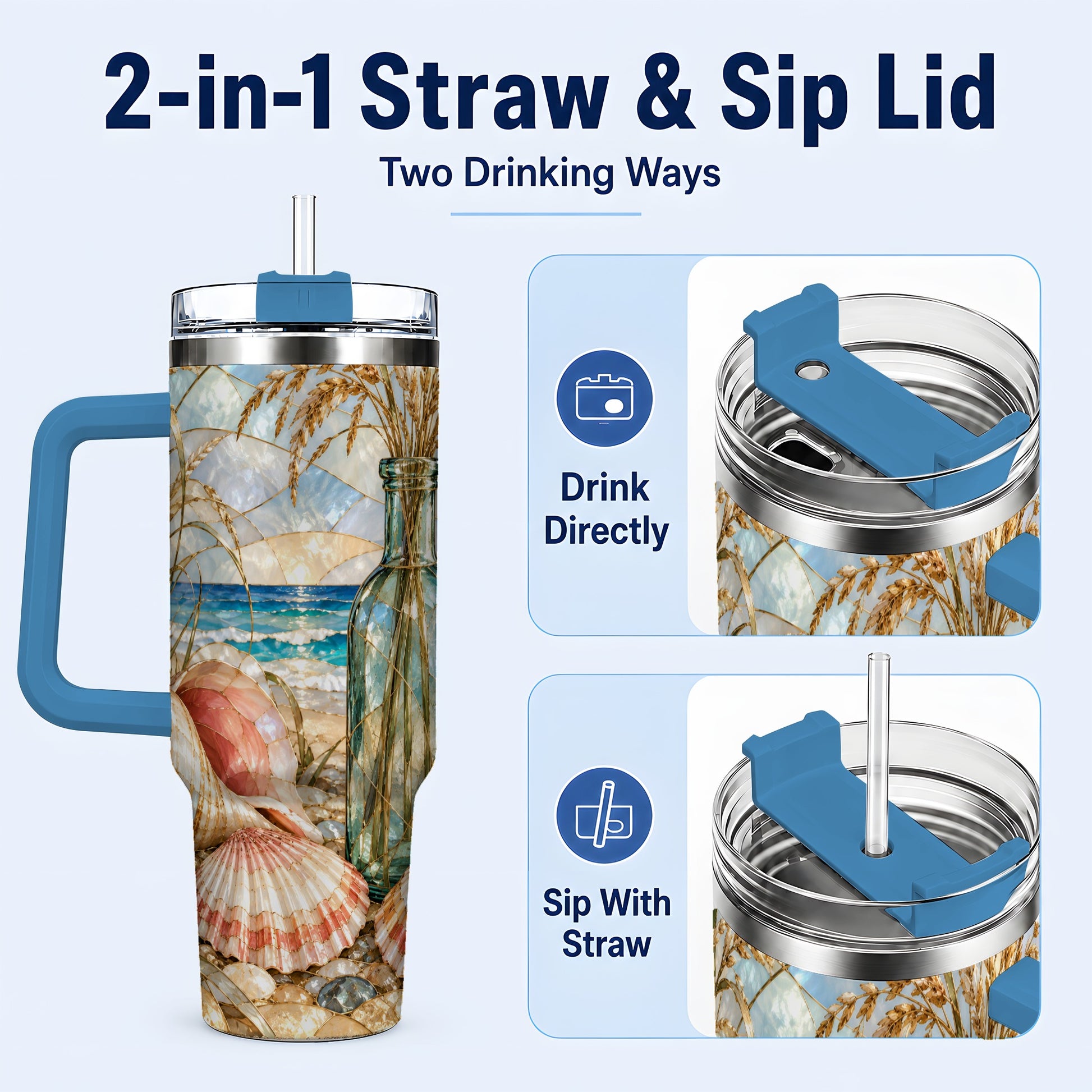 #pl[40oz|Blue] Coastal Seashell 40oz Tumbler with Handle, Stainless Steel Travel Cup