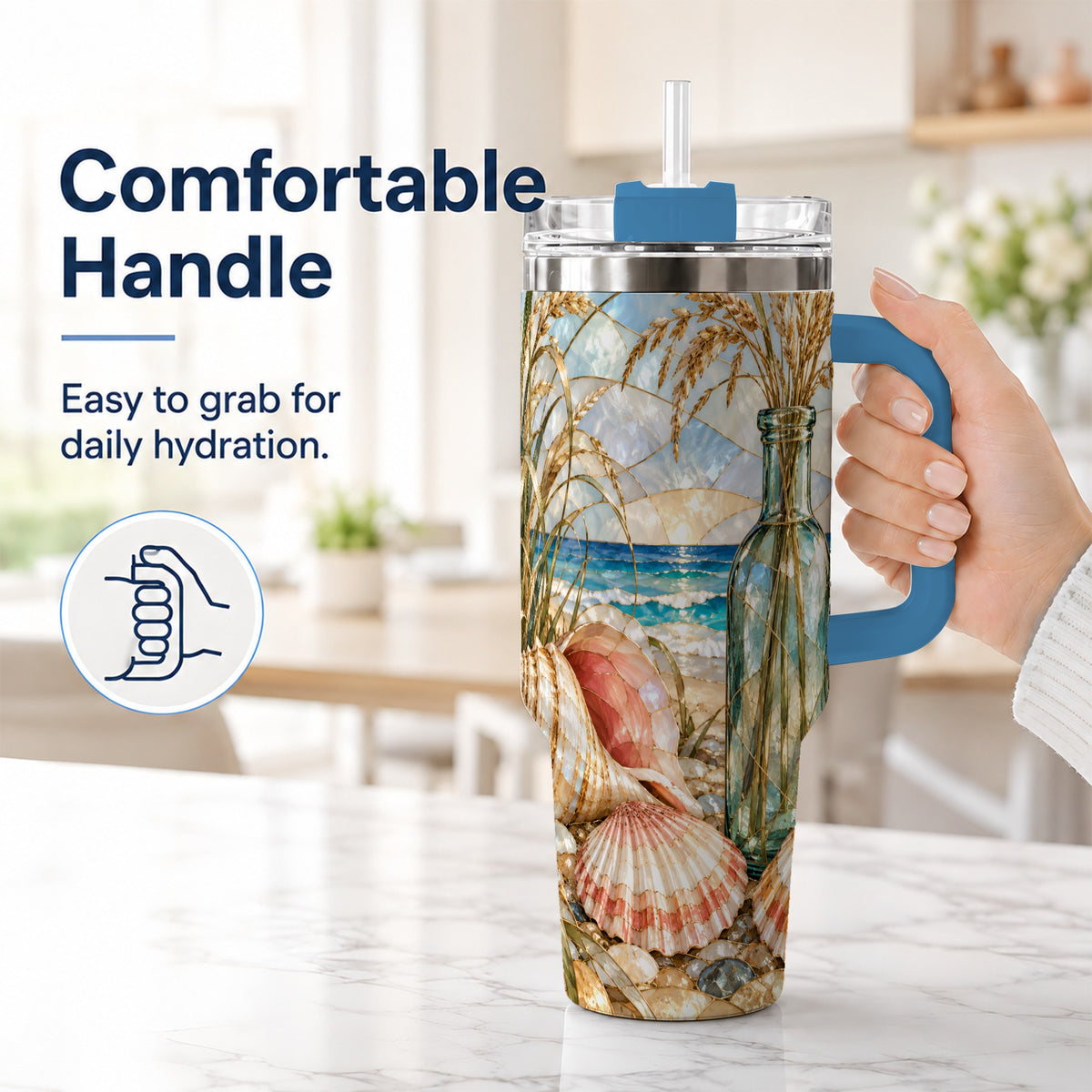 #pl[40oz|Blue] Coastal Seashell 40oz Tumbler with Handle, Stainless Steel Travel Cup