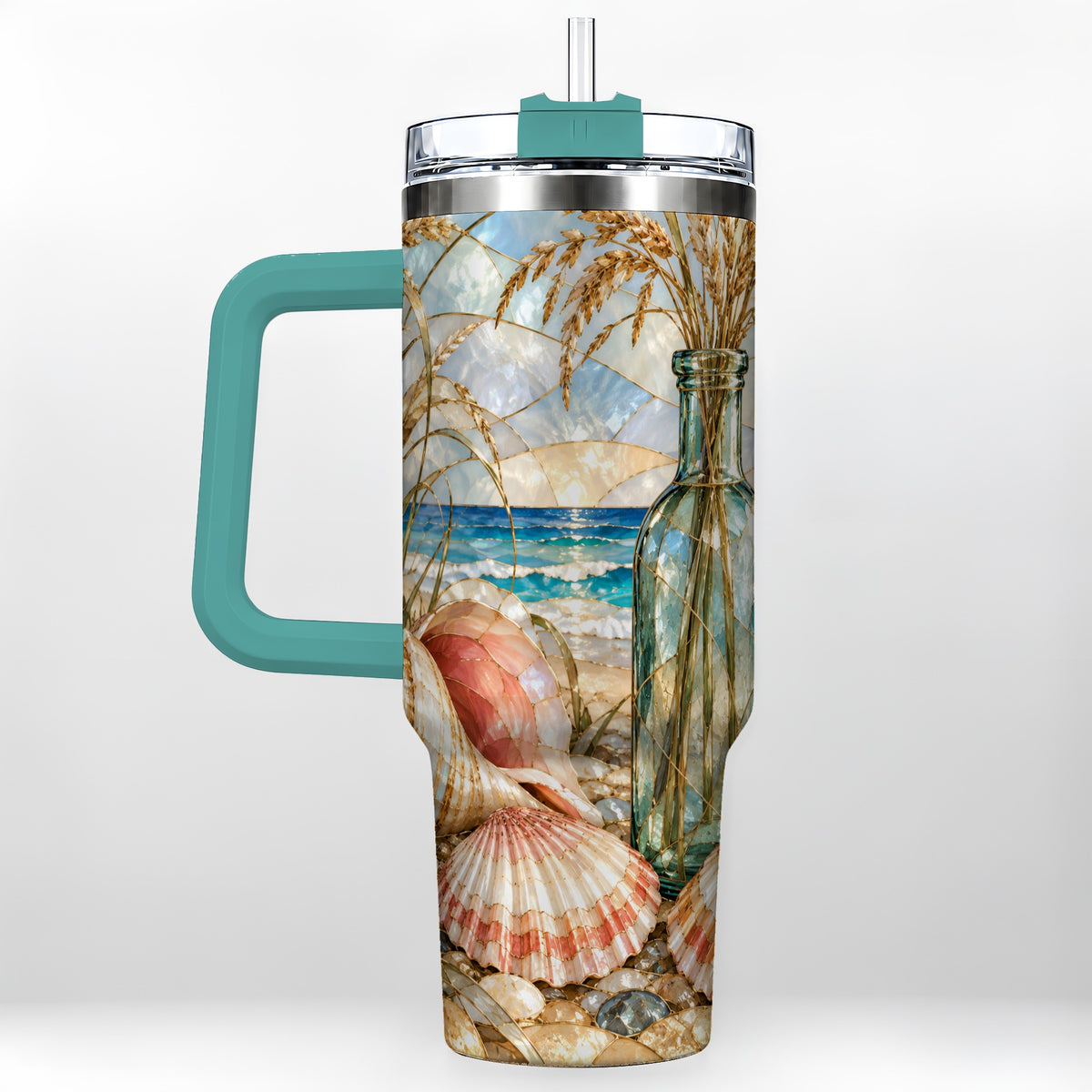 #pl[40oz|Green] Coastal Seashell 40oz Tumbler with Handle, Stainless Steel Travel Cup