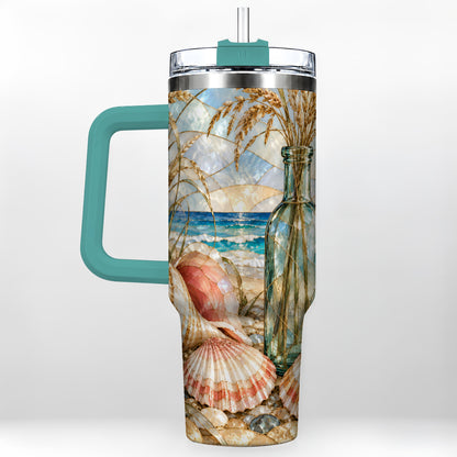 #pl[40oz|Green] Coastal Seashell 40oz Tumbler with Handle, Stainless Steel Travel Cup